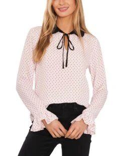 CeCe Long Sleeve Ruffle Cuff Collared Tie Blouse