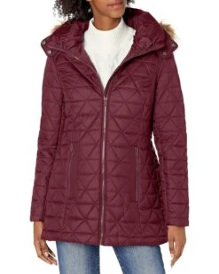 Marc New York By Andrew Marc Womens Chevron Quilted Down Jacket With Removable Faux Fur Hood